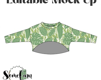 May include: Editable mock-up of a green and white cropped sweatshirt with a tropical leaf print. The text "Editable in Canva, Procreate and more" and "Sewing Pattern NOT Included" is below the image.
