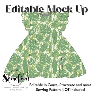 Puede incluir: Maqueta editable de un vestido verde y blanco con estampado de hojas tropicales. El vestido tiene un escote redondo y mangas cortas con volantes. El texto "Editable in Canva, Procreate and more" y "Sewing Pattern NOT Included" está en la parte inferior de la imagen.