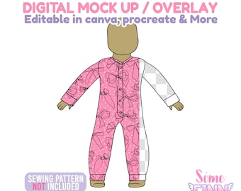 May include: Digital mock-up of a pink onesie with a bow pattern. The onesie has long sleeves and a button-up front. The text "DIGITAL MOCK UP / OVERLAY" and "Editable in canva, procreate & More" are displayed at the top. The text "SEWING PATTERN NOT INCLUDED" is at the bottom.