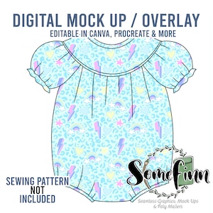 May include: A digital mock-up of a baby onesie with a blue background and a pattern of rainbows, lightning bolts, hearts, and stars. The text "DIGITAL MOCK UP / OVERLAY" is at the top of the image. The text "EDITABLE IN CANVA, PROCREATE & MORE" is below the first line of text. The text "SEWING PATTERN NOT INCLUDED" is at the bottom left of the image. The text "Some finn" is at the bottom right of the image. The text "Seamless Graphics, Mock Ups & Poly Mailers" is below the text "Some finn".