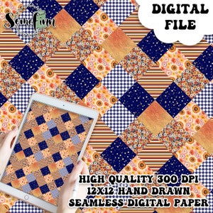 May include: A digital paper pattern featuring a patchwork design with various colours and patterns, including blue, orange, white, and gold. The pattern is seamless and includes floral designs, stripes, and polka dots. The text "DIGITAL FILE" is displayed in a white cloud shape at the top of the image. The text "HIGH QUALITY 300 DPI 12X12 HAND DRAWN SEAMLESS DIGITAL PAPER" is displayed at the bottom of the image.