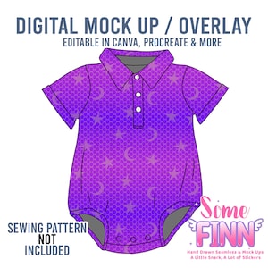 May include: A purple baby onesie with a pattern of stars and crescent moons. The onesie has a collared neckline and short sleeves. Text on the image reads "DIGITAL MOCK UP / OVERLAY" and "SEWING PATTERN NOT INCLUDED". The brand name "Some Finn" is also visible.