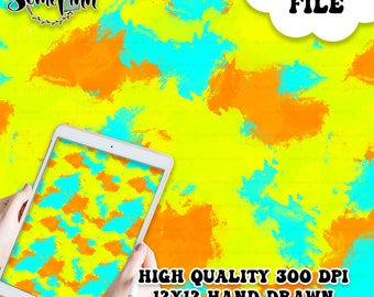May include: Seamless digital paper with a bright yellow, orange, and blue abstract paint splatter pattern.  The digital paper is 12x12 inches and 300 DPI.  "HIGH QUALITY 300 DPI 12X12 HAND DRAWN SEAMLESS DIGITAL PAPER" is written in black text at the bottom of the image.