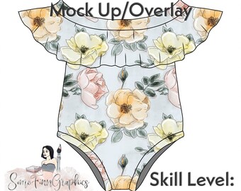 May include: A digital mock-up of a light blue bodysuit with a floral print. The bodysuit has a ruffled off-the-shoulder neckline and a floral pattern with yellow, pink, and green tones. The text "Easy to edit Mock Up/Overlay" is at the top of the image. The text "Some Finn Graphics" is at the bottom left of the image. The text "Skill Level: Beginner" is at the bottom right of the image.