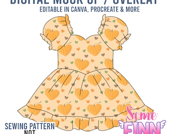 May include: A digital mock-up of a dress with a pumpkin and heart pattern. The dress is light orange with orange pumpkins and small green and brown hearts. The text "DIGITAL MOCK UP / OVERLAY" and "EDITABLE IN CANVA, PROCREATE & MORE" are at the top.