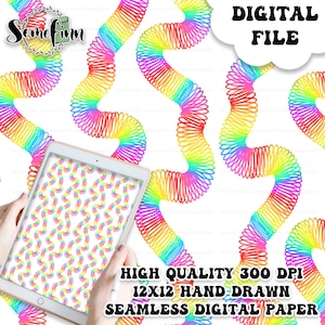 Op de afbeelding: Een digitaal papier met een naadloos patroon van regenboog slinky veren. Het patroon is 12x12 inch en 300 DPI. De tekst "DIGITAL FILE" staat in de rechterbovenhoek van de afbeelding.
