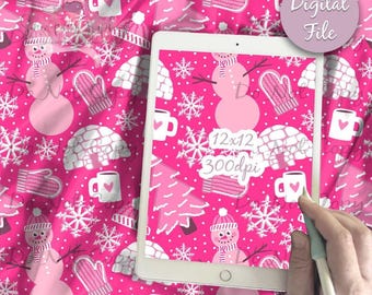 May include: A digital file featuring a seamless winter pattern on a bright pink background with white illustrations of snowmen, snowflakes, igloos, mittens, and mugs with hearts. The tablet screen displays the text 12x12 300dpi.