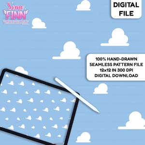 May include: A digital file featuring a seamless pattern of white stylized clouds on a light blue background, displayed on a tablet screen with a stylus. Text includes DIGITAL FILE and 100% HAND-DRAWN SEAMLESS PATTERN FILE 12x12 IN 300 DPI.