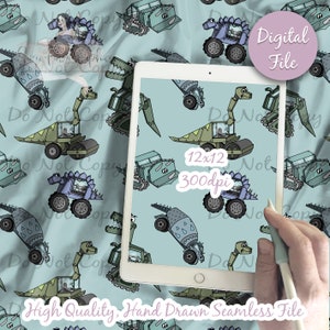 May include: A seamless pattern featuring a light blue background with a repeating pattern of green, blue, and grey dinosaurs with construction equipment. The dinosaurs are holding a cement mixer, a steamroller, and a backhoe. The text "12x12 300dpi" is visible in the image.