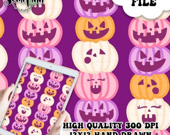 May include: A digital paper pattern featuring a seamless repeat of stacked jack-o'-lantern faces in pink, orange, and white with purple stripes on a purple background. The text "DIGITAL FILE" and "HIGH QUALITY 300 DPI 12X12 HAND DRAWN SEAMLESS DIGITAL PAPER" is included in the image.