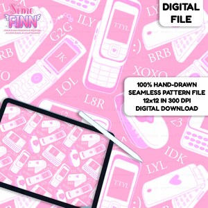 Rosa Flip Phone Text Seamless Pattern Fil, Y2K Retro Mobiltelefon Tygdesign för Canva Procreate, Flickigt Digitalt Pappersbakgrund Nedladdning