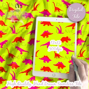 May include: A digital file of a seamless pattern featuring bright pink and red dinosaur silhouettes on a neon green background. The text "Do Not Copy" is repeated throughout the pattern. The file is 12x12 inches and 300 dpi.