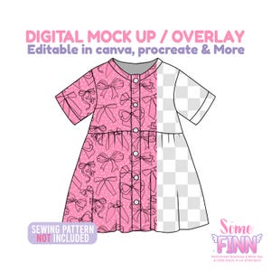 May include: A digital mock-up of a pink dress with a bow pattern. The dress has short sleeves and a button-up front. The text "DIGITAL MOCK UP / OVERLAY" and "Editable in canva, procreate & More" are at the top. The text "SEWING PATTERN NOT INCLUDED" is at the bottom.