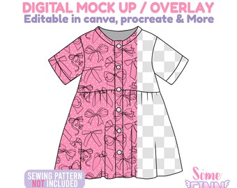 Mädchen Knopfleiste Kleid Mockup, Kurzarm Boutique Kleid MockUp, Kinderkleidung Mockup, Canva Procreate PNG