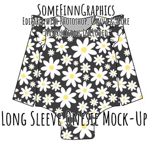 Puede incluir: Un mono negro de manga larga con un estampado de margaritas blancas. El mono tiene volantes en los hombros y dice "SOMEFINNGRAPHICS" en la parte superior y "LONG SLEEVE ONESIE MOCK-UP" en la parte inferior.