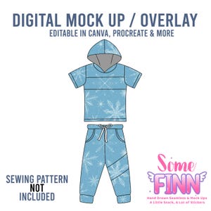 May include: A light blue digital mock-up of a hoodie and pants set, featuring a snowflake pattern. The text "DIGITAL MOCK UP / OVERLAY" and "EDITABLE IN CANVA, PROCREATE & MORE" are displayed at the top. The text "SEWING PATTERN NOT INCLUDED" is also visible.