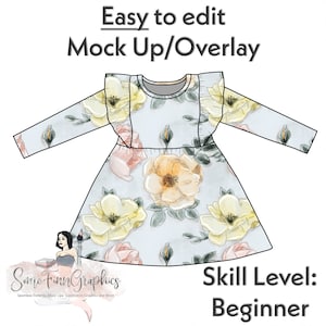 Puede incluir: Una maqueta digital de un vestido azul claro con estampado floral. El vestido tiene mangas largas y un cuello con volantes. El texto "Easy to edit Mock Up/Overlay" está en la parte superior de la imagen. El texto "Some Finn Graphics" está en la parte inferior de la imagen. El texto "Skill Level: Beginner" está en la parte inferior derecha de la imagen.