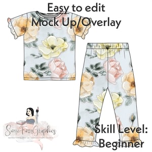 Puede incluir: Una maqueta digital de una camiseta y leggings azul claro con un patrón floral. El patrón presenta rosas amarillas, rosas y verdes en acuarela. El texto "Easy to edit Mock Up/Overlay" está en la parte superior de la imagen. El texto "Some Finn Graphics" está en la parte inferior de la imagen. El texto "Skill Level: Beginner" está en la parte inferior derecha de la imagen.
