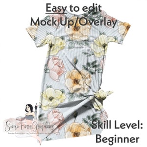 May include: A mockup of a light blue t-shirt with a floral pattern. The t-shirt is made of a ribbed fabric and has a relaxed fit. The floral pattern features yellow, pink, and green flowers. The text "Easy to edit Mock Up/Overlay" is at the top of the image. The text "Skill Level: Beginner" is at the bottom of the image.