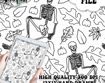 Skeletons Digital Paper - Seamless Skull Skeleton Pattern, Halloween Autumn Leave Design, Printable Scrapbook paper download, Color Me File
