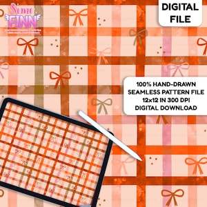 Può includere: Un file di motivo digitale senza cuciture con un design a quadri nei toni dell'arancione, rosa e bianco, decorato con piccoli fiocchi e punti disegnati a mano. L'immagine include il testo 100% HAND-DRAWN SEAMLESS PATTERN FILE 12x12 IN 300 DPI DIGITAL DOWNLOAD.
