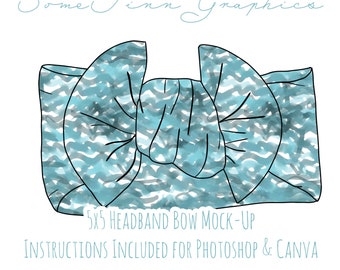 May include: A blue and white patterned headband bow mockup. The bow is tied in a knot and has a 5x5 inch size. Instructions for Photoshop and Canva are included.