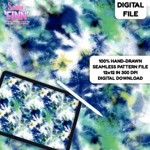 May include: A digital file with a tie-dye pattern in shades of blue, green, and yellow. The image includes a tablet with a stylus, and text that reads "100% Hand-Drawn Seamless Pattern File 12x12 in 300 DPI Digital Download."