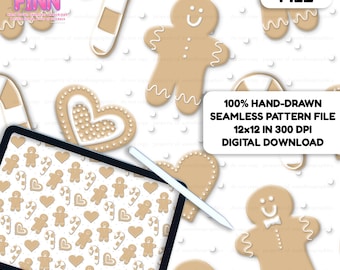 Patrón sin costuras de galletas de jengibre, diseño de tela de galletas navideñas, patrón repetitivo de dulces navideños, descarga digital