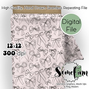 Sweet Sketched Bows Digital Paper - Seamless Pink and Black Bows Pattern, Custom Bow Fabric, Printable Scrapbook paper instant download