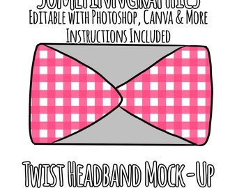 May include: A pink and white gingham headband mockup. The headband is twisted and tied in a bow. The text "TWIST HEADBAND MOCK-UP" is below the headband.