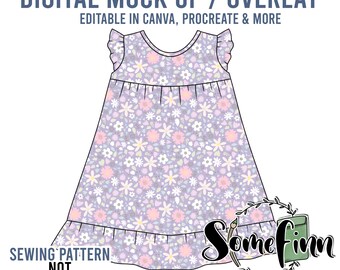 May include: A digital mock-up of a purple dress with a white and pink floral pattern. The dress has a ruffled neckline and hem. The text "SEWING PATTERN NOT INCLUDED" is at the bottom of the image.