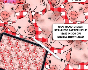 Piggies Plaid Seamless Pattern File, Cute Farm Pig Fabric Design for Canva Procreate, Red Gingham Barnyard Digital Paper Background Download
