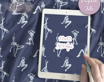 May include: A digital seamless pattern featuring white skeletons in various poses on a dark blue background. The pattern is 12 inches by 12 inches and 300 dpi. The text "Do Not Copy" is repeated throughout the pattern.