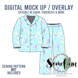 May include: A digital mock-up of a blue pyjama set with a rainbow, lightning bolt, and heart pattern. The text "DIGITAL MOCK UP / OVERLAY" is at the top of the image. The text "EDITABLE IN CANVA, PROCREATE & MORE" is below the text "DIGITAL MOCK UP / OVERLAY". The text "SEWING PATTERN NOT INCLUDED" is at the bottom left of the image. The text "Some finn" is at the bottom right of the image. The text "Seamless Graphics, Mock Ups & Poly Mailers" is below the text "Some finn".