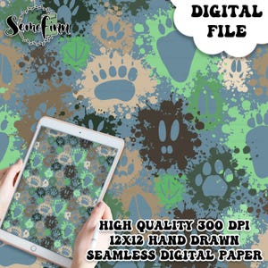 May include: Digital seamless paper with a paw print pattern in shades of blue, green, and brown. The design includes paint splatters and the text "DIGITAL FILE". The tablet displays the same pattern. The text "HIGH QUALITY 300 DPI 12X12 HAND DRAWN SEAMLESS DIGITAL PAPER" is also visible.