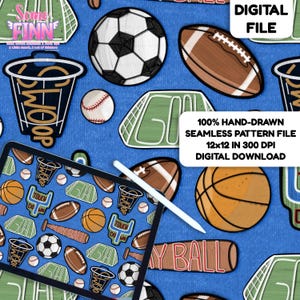 Puede incluir: Un archivo de patrón digital sin costuras que presenta varios equipos deportivos, incluyendo balones de fútbol, baloncesto, fútbol americano, béisbol, porterías y canastas sobre un fondo azul con el texto 100% HAND-DRAWN SEAMLESS PATTERN FILE 12x12 IN 300 DPI DIGITAL DOWNLOAD.