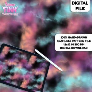 May include: A digital file featuring a hand-drawn seamless pattern in shades of pink, teal, and black. The image shows a tablet displaying the pattern, along with a stylus. The text reads "DIGITAL FILE" and "100% HAND-DRAWN SEAMLESS PATTERN FILE 12x12 IN 300 DPI DIGITAL DOWNLOAD."