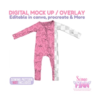 May include: A pink baby onesie with a bow pattern and white polka dots. The onesie is a digital mock-up. Text on the image reads "DIGITAL MOCK UP / OVERLAY" and "SEWING PATTERN NOT INCLUDED".