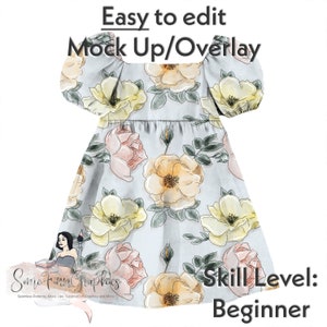 May include: A light blue dress with a floral pattern of yellow, pink, and green roses. The dress has a square neckline and short puff sleeves. The text "Easy to edit Mock Up/Overlay" is at the top of the image. The text "Same Finn Graphics" is at the bottom of the image. The text "Skill Level: Beginner" is at the bottom right of the image.