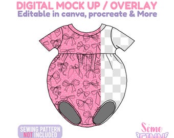 May include: A pink baby romper design with a bow pattern, half filled in and half a transparent overlay. Text at the top reads "DIGITAL MOCK UP / OVERLAY" and "Editable in canva, procreate & More". The bottom text says "SEWING PATTERN NOT INCLUDED".