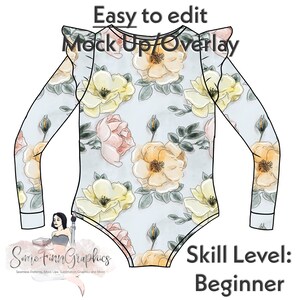 May include: A digital mock-up of a long-sleeved bodysuit with a ruffled neckline. The bodysuit is printed with a floral pattern in shades of yellow, pink, and green on a light blue background. The text "Easy to edit Mock Up/Overlay" is at the top of the image. The text "Some Finn Graphics" is at the bottom left of the image. The text "Skill Level: Beginner" is at the bottom right of the image.
