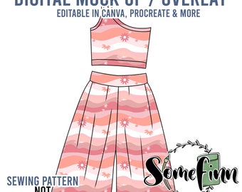 May include: Digital mock-up of a pink and white striped crop top and wide-leg pants with a floral pattern. The text "DIGITAL MOCK UP / OVERLAY" and "EDITABLE IN CANVA, PROCREATE & MORE" is at the top of the image. The text "SEWING PATTERN NOT INCLUDED" is at the bottom left of the image. The text "Somefinn Seamless Graphics, Mock Ups & Poly Mailers" is at the bottom right of the image.