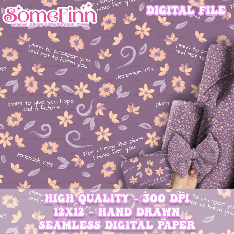K&ouml;nnte beinhalten: Ein nahtloses digitales Papiermuster mit violettem Hintergrund, hellorangen Blumen, wirbelnden Akzenten und wei&szlig;em Text, der Jeremiah 29:11 sowie plans to prosper you and not to harm you, plans to give you hope and a future liest.