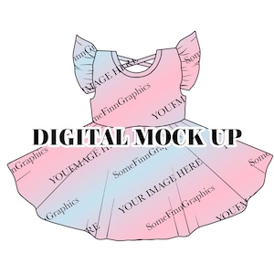 Puede incluir: Una maqueta digital de un vestido de color degradado rosa y azul con un diseño de espalda cruzada y mangas con volantes. El texto "YOUR IMAGE HERE" se repite en el vestido.