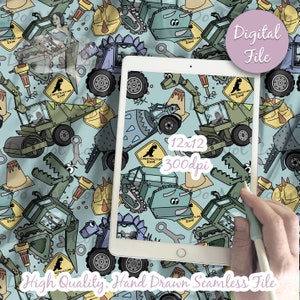 May include: A digital seamless pattern featuring a blue background with a repeating pattern of construction vehicles, dinosaurs, and construction signs. The pattern is 12 inches by 12 inches and 300 dpi. The text "Construction Zone" appears on the signs.