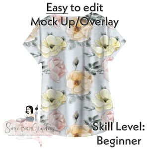 May include: A light blue t-shirt mockup with a floral pattern featuring yellow, pink, and green watercolor roses. The text "Easy to edit Mock Up/Overlay" is at the top of the image. The text "Some Finn Graphaes" is at the bottom of the image. The text "Skill Level: Beginner" is at the bottom right of the image.