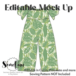 Puede incluir: Maqueta editable de un mono verde con estampado de hojas tropicales. El mono tiene un escote cuadrado y mangas cortas con volantes. El texto "Editable in Canva, Procreate and more" y "Sewing Pattern NOT Included" está en la parte inferior de la imagen.