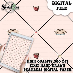 May include: A digital paper design featuring a seamless pattern of pie slices, apples, and hearts on a pink background. The pattern is 12 inches by 12 inches and 300 DPI. The text "DIGITAL FILE" is in a speech bubble at the top of the image.