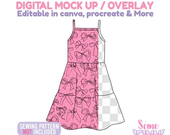 May include: A pink sundress design with a bow pattern, featuring a tiered skirt and spaghetti straps. The text "DIGITAL MOCK UP / OVERLAY" and "Editable in canva, procreate & More" is displayed at the top. The text "SEWING PATTERN NOT INCLUDED" is also visible.