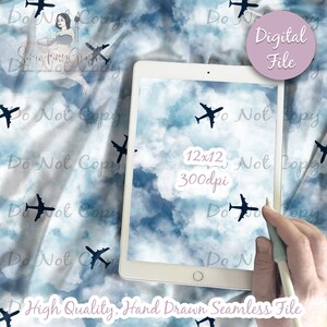 May include: A digital seamless pattern featuring a blue sky with white clouds and airplanes. The pattern is 12 inches by 12 inches and 300 dpi. The text "Do Not Copy" appears throughout the pattern.